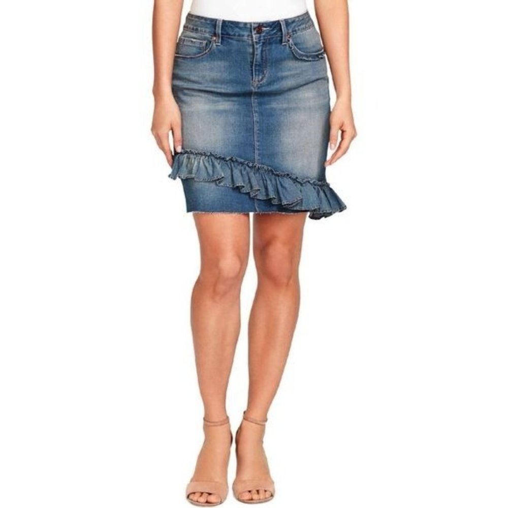 Denim Ruffle Hem Midi Skirt - Blue